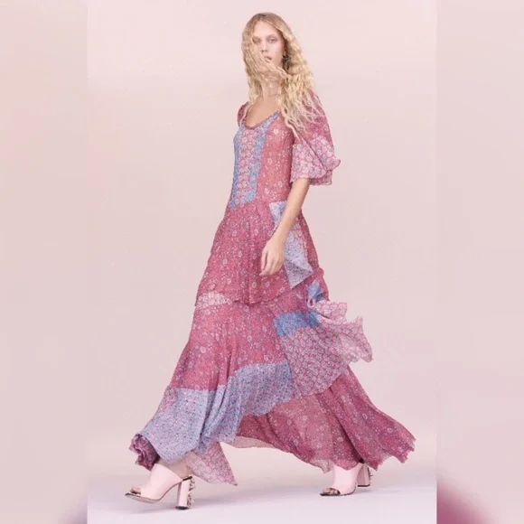 Rebecca Taylor Dresses | Rebecca Taylor Silk Floral Tier Maxi Midi Dress | Color: Blue/Red | Size: 2 | Pm-32633106'S Closet